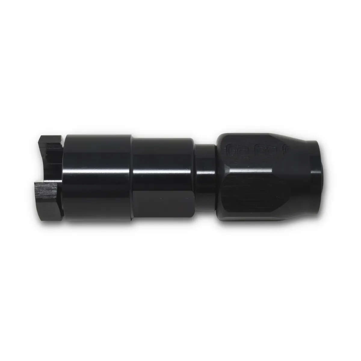 Hose End. 3/8 SAE Quick Disconnect Female to #6 Hose. Straight. Black Anodized product image