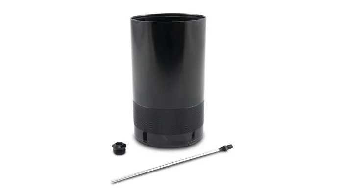 Oil Catch Can Reservoir; Medium [1.5L]; 4.43 in. Outer Diameter; 6061 Aluminum; Black Anodized; w/Dipstick; product image