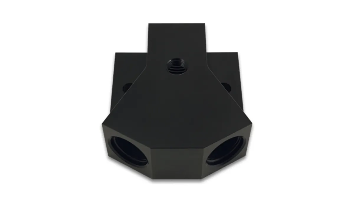 y Block Adapter Fitting; -10an Orb Single Size; -8an Orb Dual Size; 6061 Aluminum; Black Anodized; W/0.125 In. Npt Port; product image