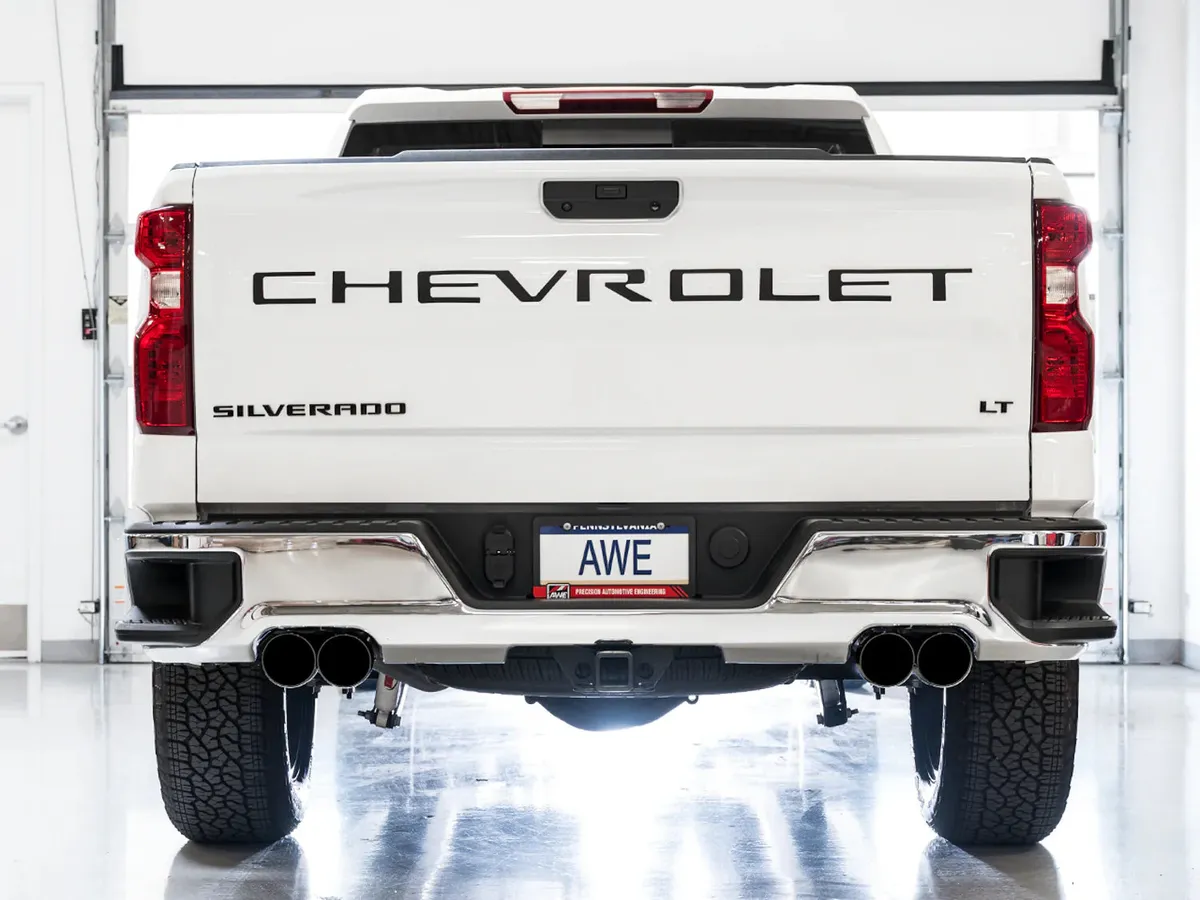 AWE 0FG Catback Split Rear Exit Exhaust for 4th Gen Silverado/Sierra 1500 5.3L (With Bumper Cutouts) - Quad Diamond Black Tips product image
