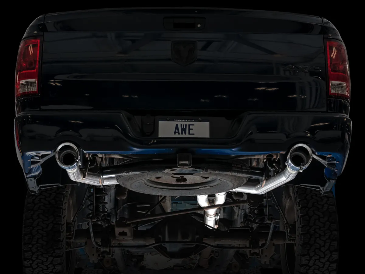 AWE 0FG Dual Rear Exit Catback Exhaust for 4th Gen RAM 1500 5.7L with bumper cutouts - Chrome Silver Tips product image