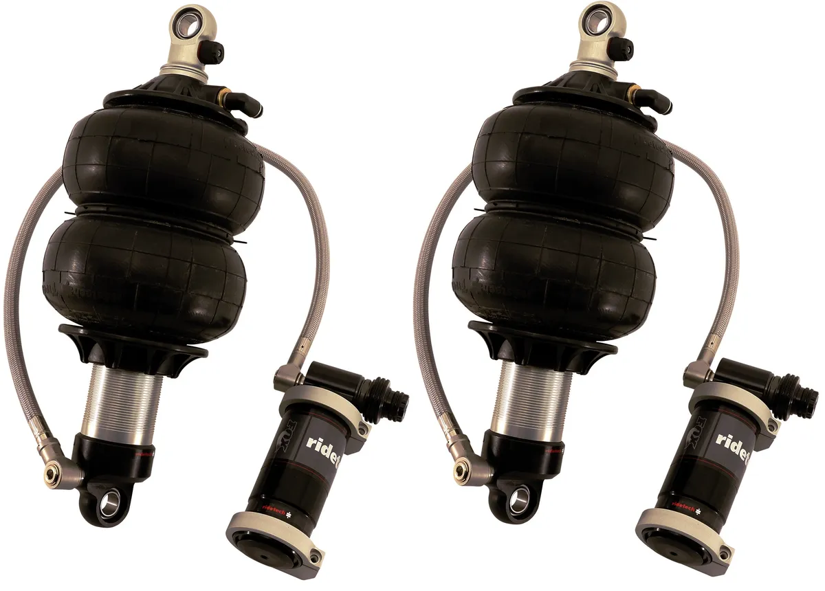 Front TQ Shockwaves 1000 Series W/ 4.1 Inch Stroke And 1.7 Inch Eye Pair Of Triple Adjustable Shock waves 6.5 Inch Dble Convoluted W/ 1/4 Inch Fittings, Bearing Spacers 1/2 Inch, 5/8 Inch 10.75 Inch X 14.25 Inch W/ A 12.5 -12.75 Inch Ride Height Ridetech product image
