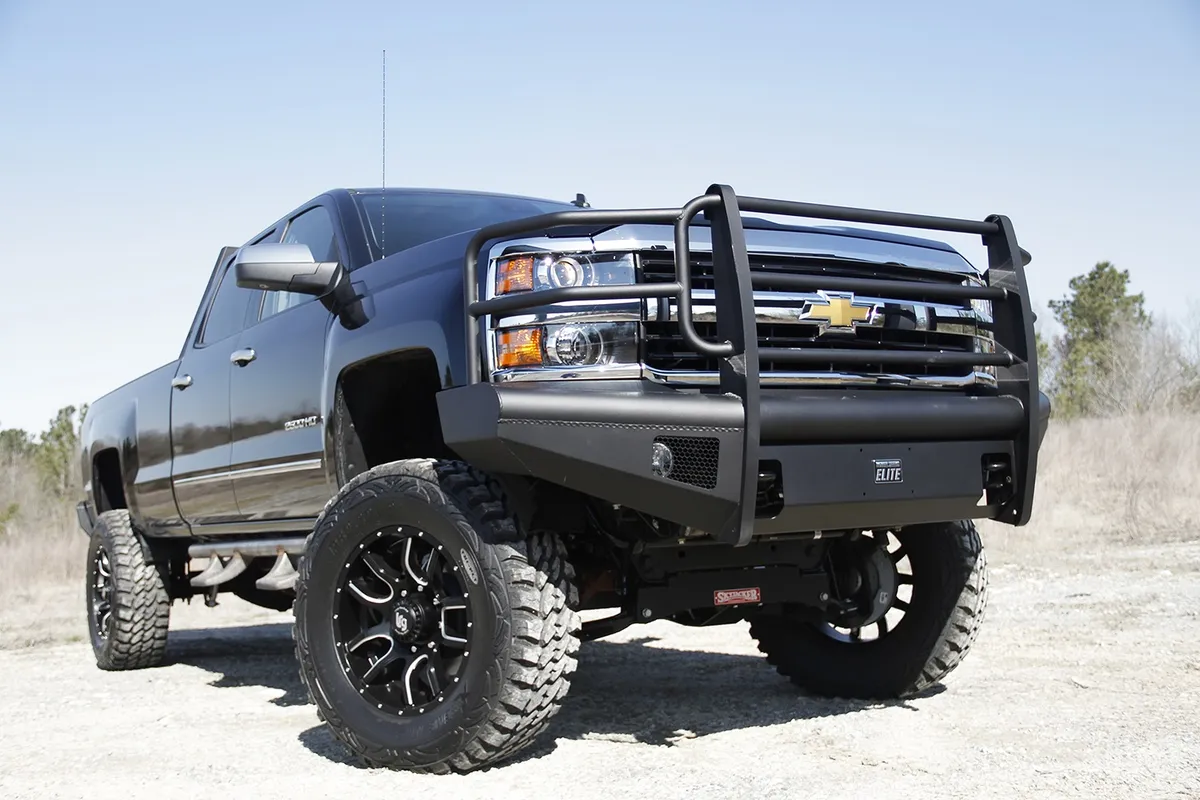 Elite Front Bumper; 2 Stage Black Powder Coated; w/Full Grill Guard; Incl. Light Cut-Outs; product image