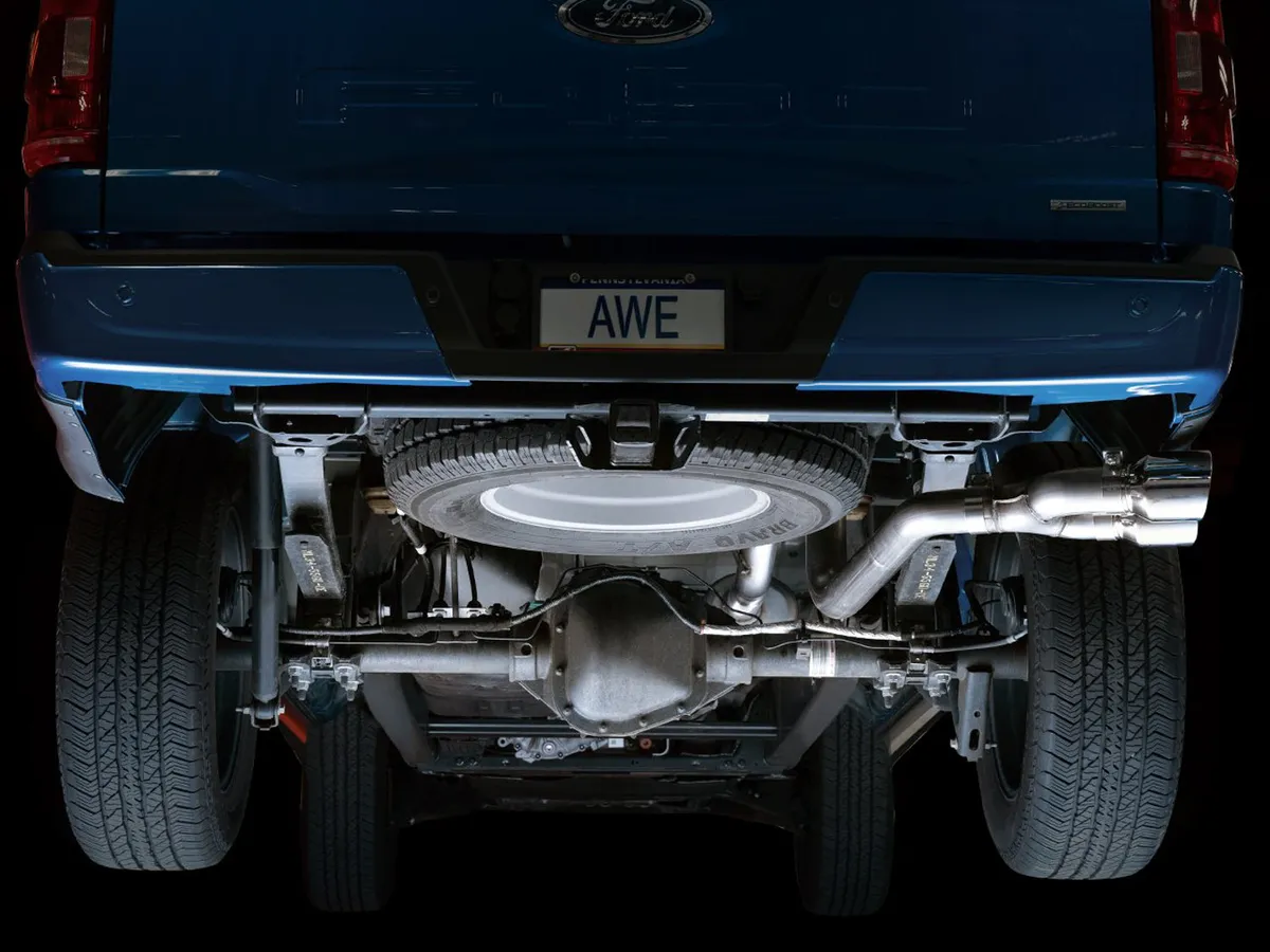 AWE 0FG Dual Split Rear Exhaust for '21+ Ford F-150 - 5" Diamond Black Tips product image