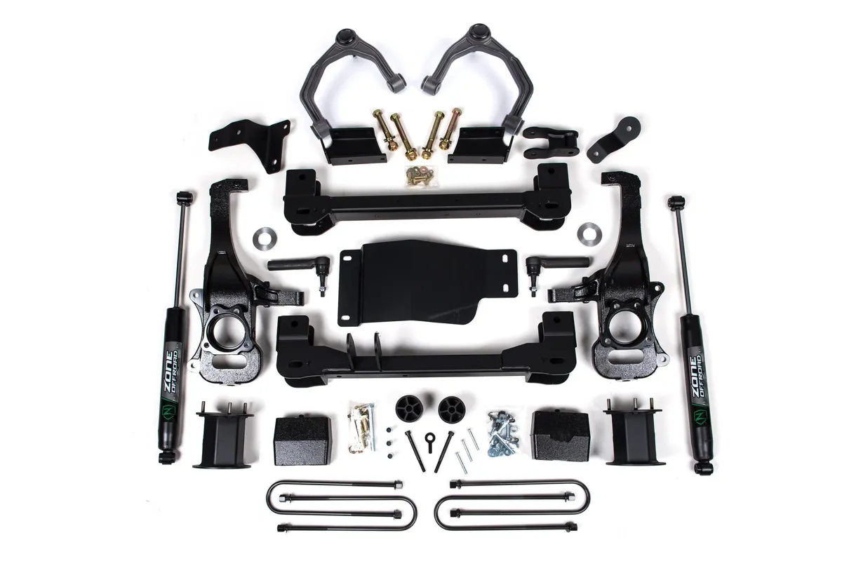 Zone Offroad 6 Inch Lift Kit For 25-Up Silverado/Sierra 1500 Custom/LT/LTZ/PPV/RST/WT/Elevation/PRO/SLE/SLT 4WD 5 Inch Rear Block Spacer Front Nitro Series Rear Shock Zone Offroad