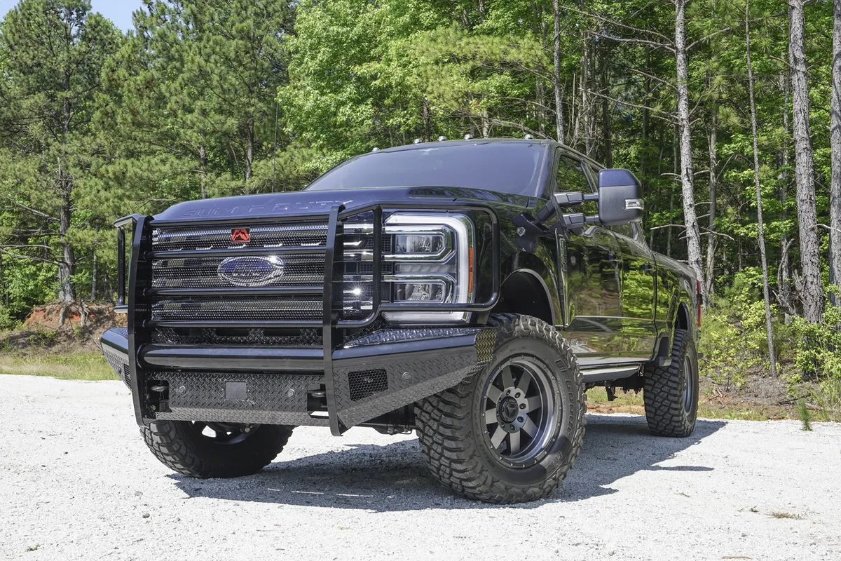 Black Steel Front Bumper; w/Full Grill Guard; Sensor Compatible; Gloss Black; product image