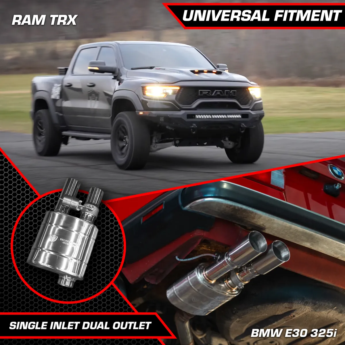 Universal Muffler Kit, Single Inlet Dual Outlet, 63MM 2.5 Inch 2 Mufflers Valvetronic Designs product image