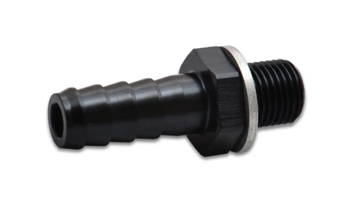Metric to Barb Adapter Fitting; M14 x 1.5 Male Metric Size; 0.375 in. Barb Size; 6061 Aluminum; Black Anodized; product image