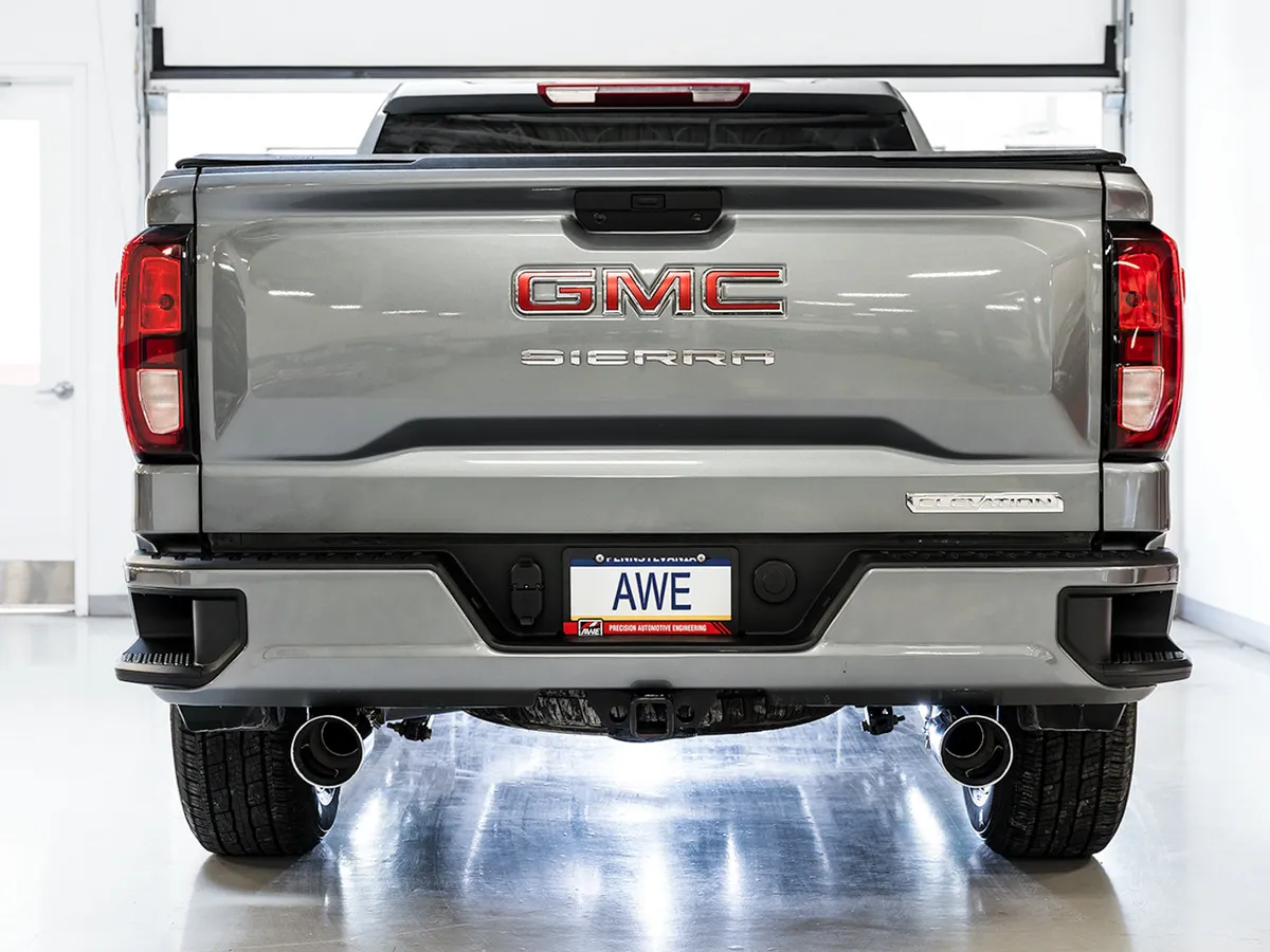 AWE 0FG Catback Split Rear Exit Exhaust for 4th Gen Silverado/Sierra 1500 5.3L (With Bumper Cutouts) - Quad Chrome Silver Tips product image