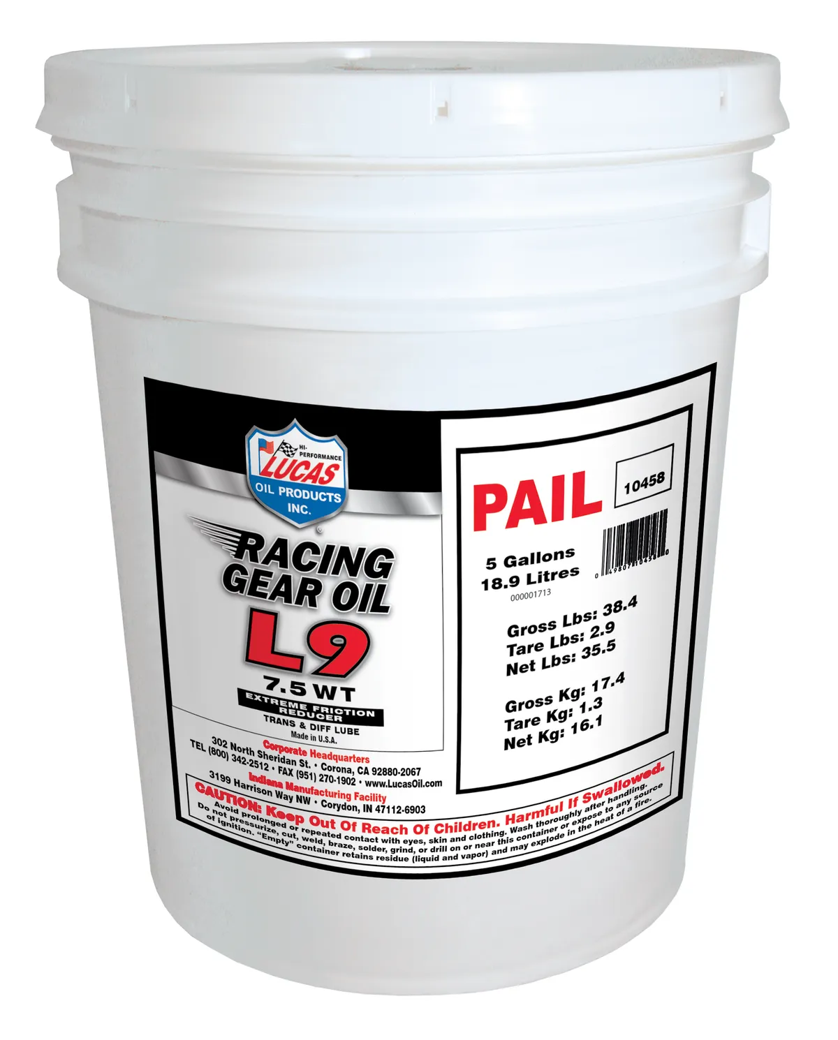 Lucas Oil Products Synthetic l9 Racing Gear Oil/1x1/5 Gallon Pail