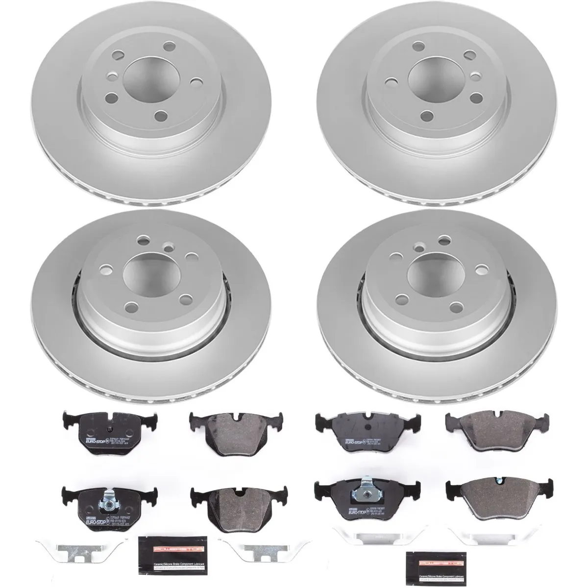 Euro-Stop Kit: Genuine Geomet Fully Coated Rotors; Ece-R90 Certified Pads W/Hardware; Pad Sensors product image