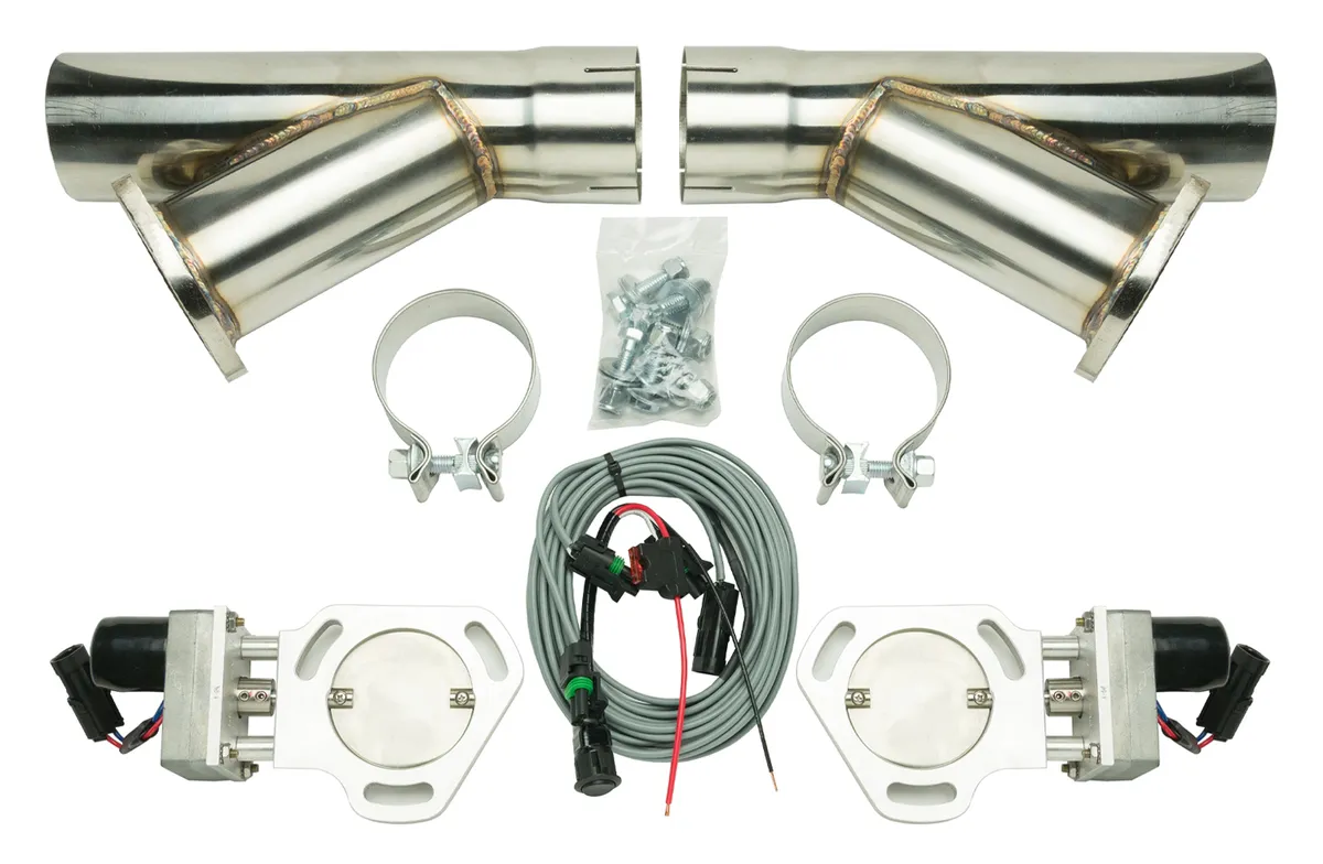Dual Y Exhaust Electric Dump Cutout 3 in Natural Finish Hardware Included Aluminum And 304 Stainless Steel Material Pypes Exhaust product image