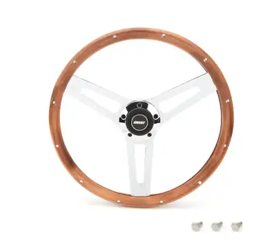 Grant Classic Series 5 Style Steering Wheel; 14 1/2 in. Diameter; 2 3/4 in. Dish; Genuine Hardwood Rim w/Finger Grips/Rivets; Chrome Steel 3-Spoke Design;