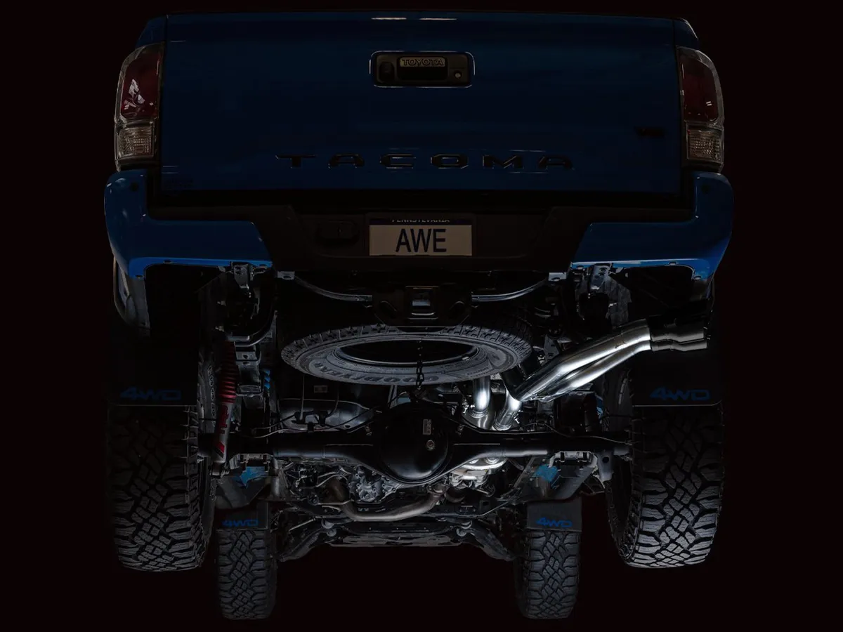 AWE 0FG Exhaust with BashGuard for 3rd Gen Tacoma - Dual Diamond Black Tips product image