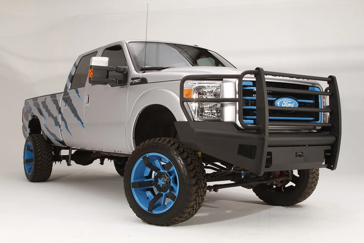 Elite Front Bumper; 2 Stage Black Powder Coated; w/Full Grill Guard; Incl. Light Cut-Outs; product image