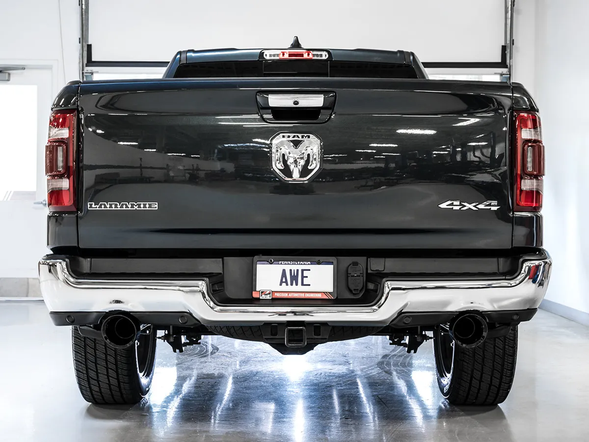 AWE 0FG Dual Rear Exit Catback Exhaust for 5th Gen RAM 1500 5.7L with bumper cutouts - Chrome Silver Tips product image