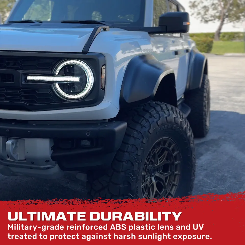 Recon Ford Bronco 21-24 LED Projector Headlights w Ultra High Power LED hi Low Beam White LED Scanning Turn Signals With Start-Up Lighting Sequence White LED Daytime Running Lights - Smoked / Black With White LED Turn Signals 264479bkwh product image