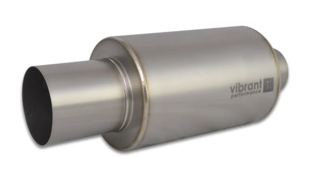Muffler; 3 in. Inlet ID; 4 in. Tip OD; 6.25 in. Body OD; 17 Overall L; 10 in. Muffler Body L; Natural Titanium Finish; 4.12 LBS Weight; w/Straight Cut; product image