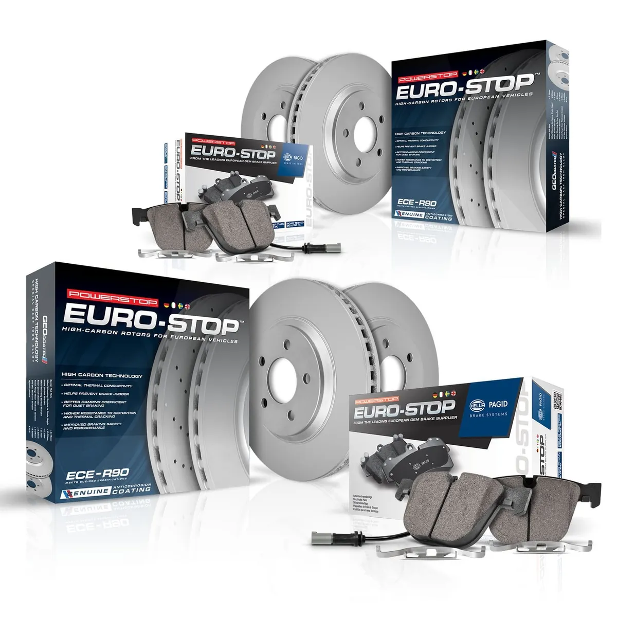 Euro-Stop Kit: Genuine Geomet Fully Coated Rotors; Ece-R90 Certified Pads W/Hardware product image