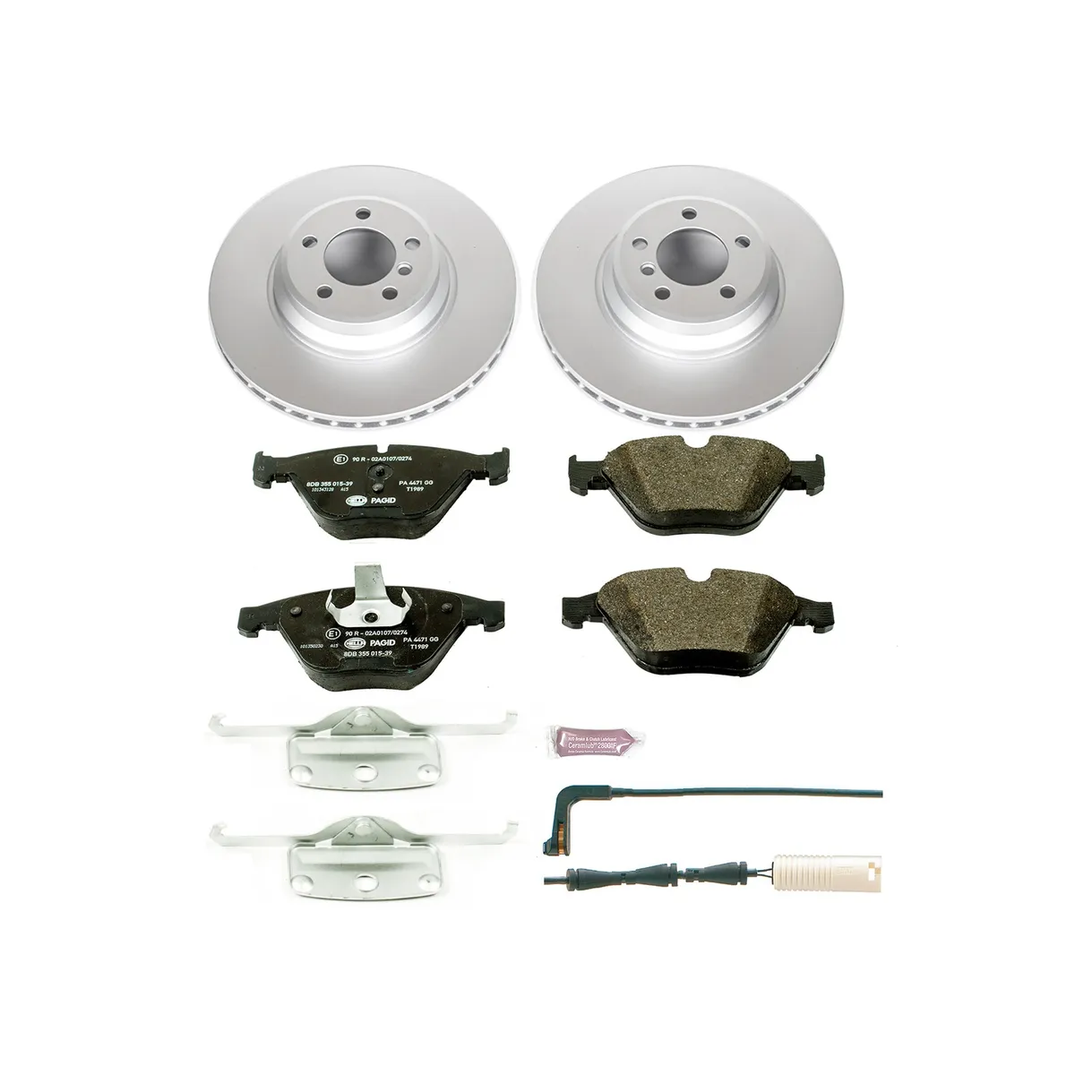 Euro-Stop Kit: Genuine Geomet Fully Coated Rotors; Ece-R90 Certified Pads W/Hardware; Pad Sensors product image