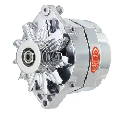 Power Master Alternator; Jeep Upgrade; 1 in. Spool Motorola Replacement; 150 Amp; 100 Idle; 6 Groove Pulley; 1 Wire; Polished;