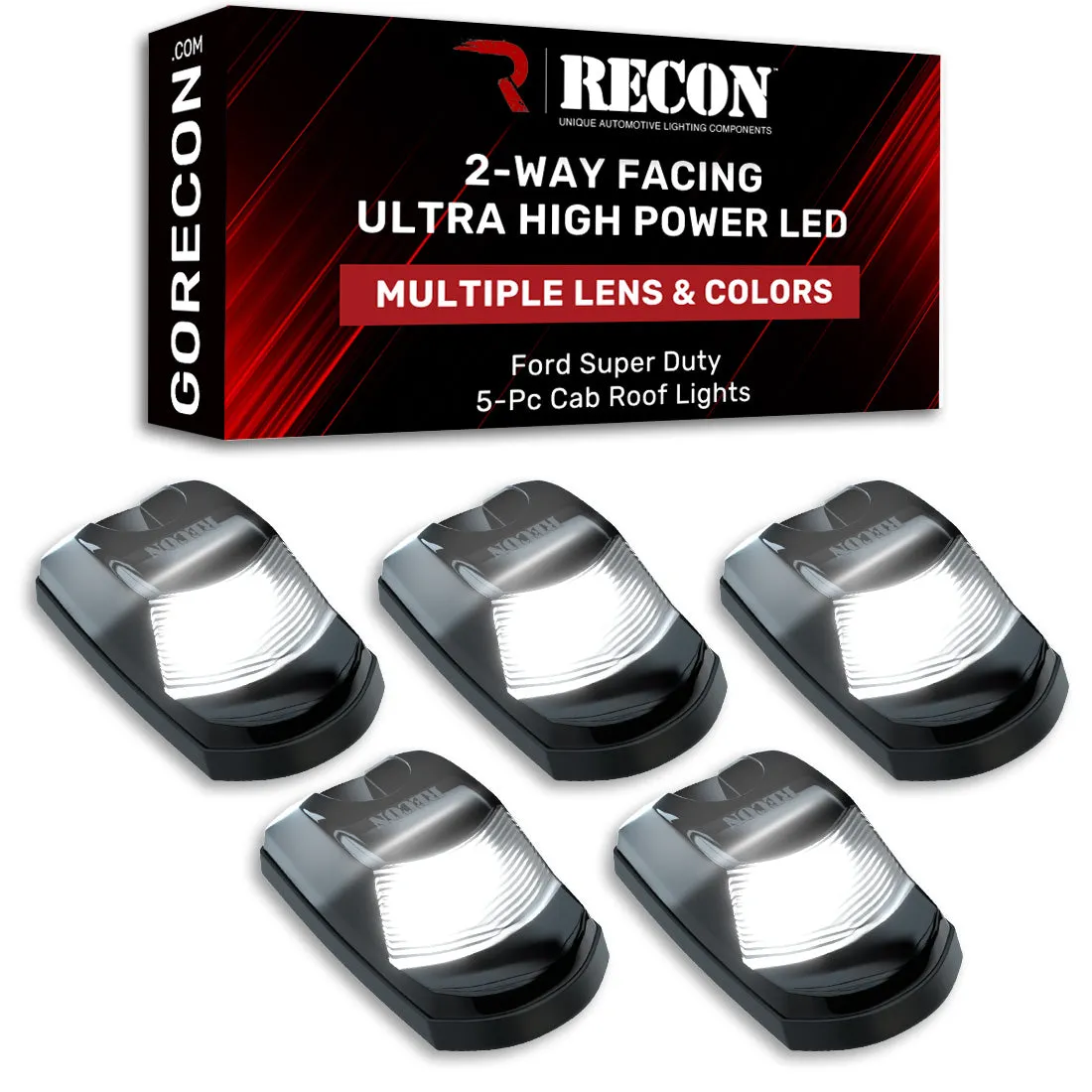 Ford 17-23 Superduty 5-Piece Set Clear Cab Roof Light Lens With 2-Way Forward Rear Facing White Ultra High-Power Leds - Attn This Cab Light Set is For a Fresh Install on a Truck That Did Not Come With OEM Cab Roof Lights no Square Hole Required - on product image