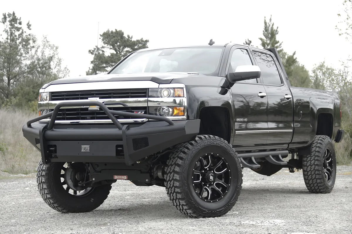 07.510 Silverado HD 2500/3500 Front Elite Ranch Bumper w. Prerunner Guard w/ Tow Hooks Matte Black product image
