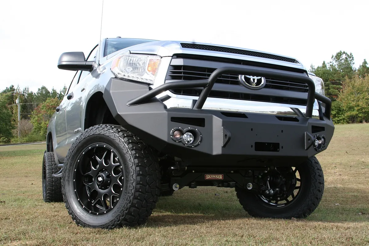 Premium Winch Front Bumper; 2 Stage Black Powder Coated; w/Pre-Runner Grill Guard; Incl. 90mm Fog Lamps/60mm Turn Lights; D-Ring Mounts; product image