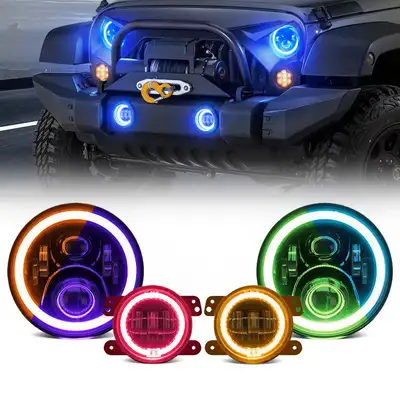 LED Factory Mart LED RGB Color Changing Halo Headlights with Amber Turn Signal + Fog Light Kit Combo For 2007-2018 Jeep Wrangler JK