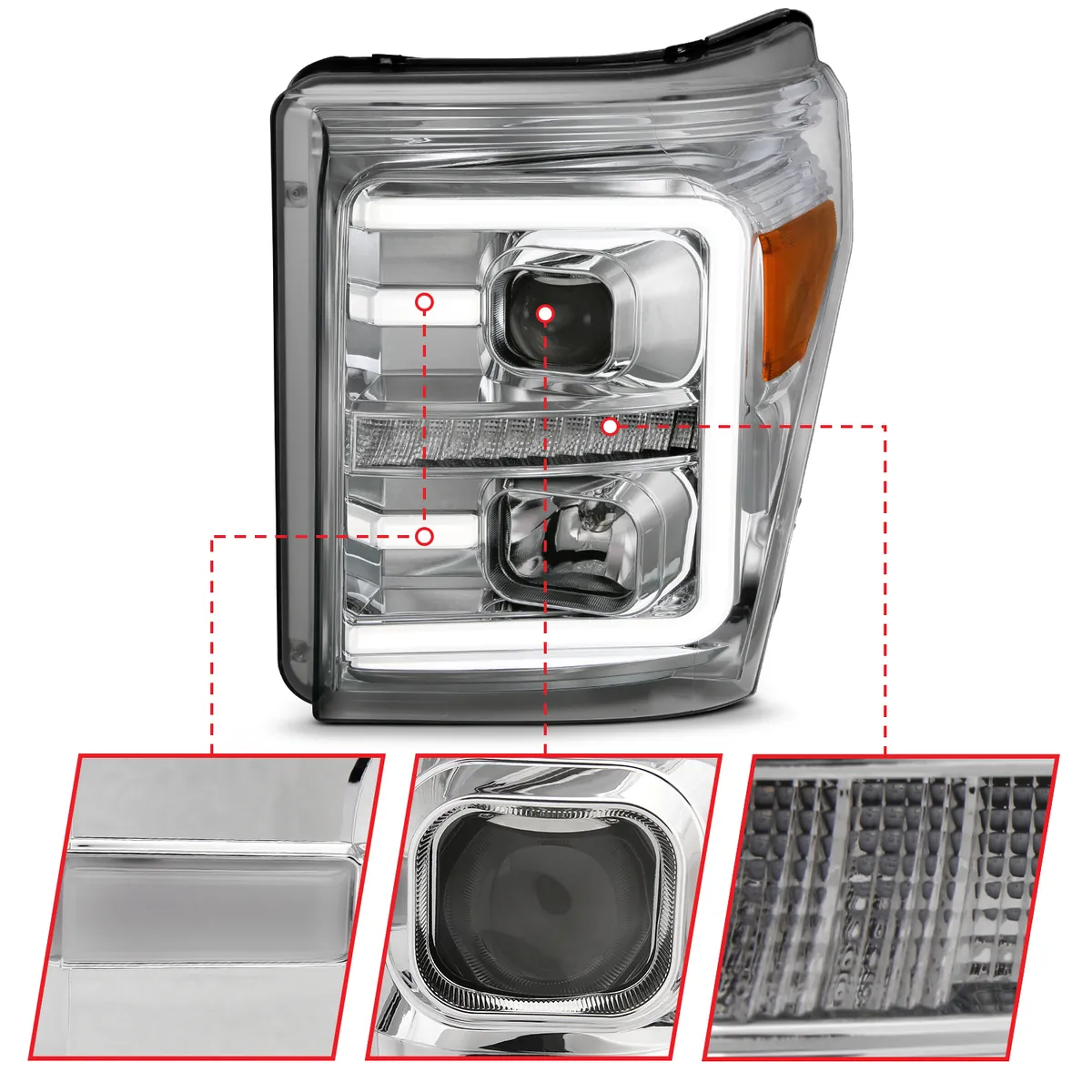 1116 F250/F350/F450 Projector Headlights w/ Plank Style Switchback Chrome w/ Amber Pair product image