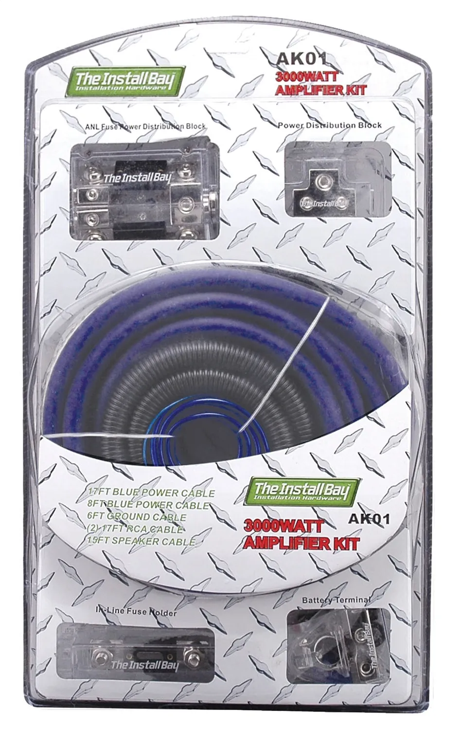 VALUE Amp Kit; Incl. 17 ft./1 GA Power Cable 3/8 in. w/Ring Terminal/8 ft. Power Cable/6 ft. Ground Cable/Two 17 ft. RCA Cables/20 ft. Remote Turn-On Wire/15 ft. Speaker Cable; product image