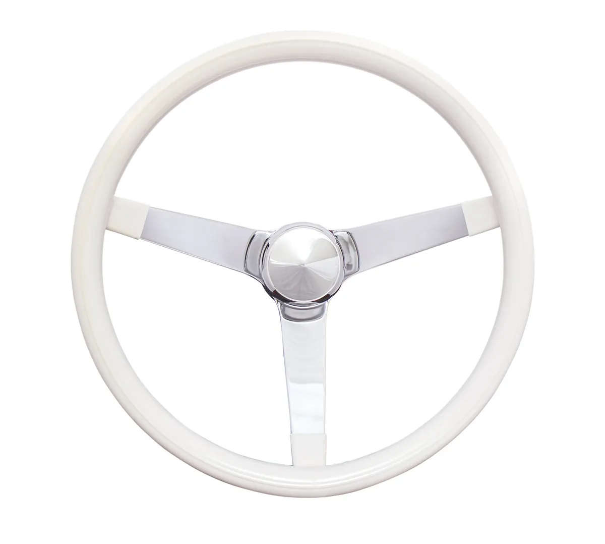 Classic Series Steering Wheel; 13 1/2 in. Diameter; 3 1/2 in. Dish; White Grip; Black Foam Cushion Grip; Chrome 3-Spoke Design; product image