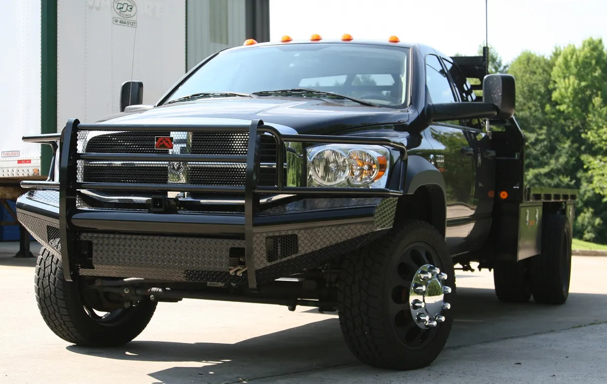 Black Steel Front Ranch Bumper; 2 Stage Black Powder Coated; w/Full Grill Guard; Incl. Light Cut-Outs; product image