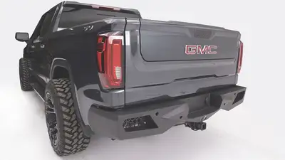 Fab Fours Vengeance Rear Bumper; 2 Stage Black Powder Coated; w/Blind Spot Monitor Mount; w/Sensors;