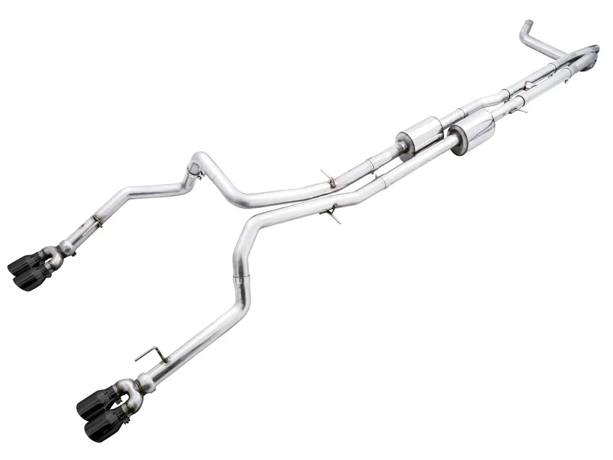 AWE 0FG Catback Split Rear Exit Exhaust for 4th Gen Silverado/Sierra 1500 6.2L (With Bumper Cutouts) - Quad Diamond Black Tips product image