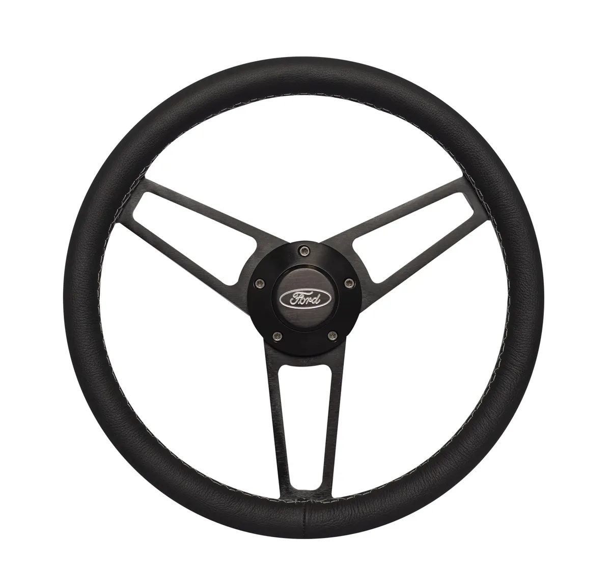 Billet Series Leather Wheel and Installation Kit; Ford Logo; Includes Billet Steering Wheel/OEM Center Cap/Install Kit PN[5249] Black; product image