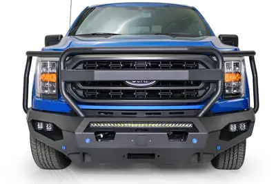 Fab Fours Matrix Front Bumper; 2 Stage Black Powder Coat; Full Grill Guard; w/Sensor Holes; Compatible w/Adaptive Cruise Control; Accommodates Factory LED Fog Lights Or [3] 3X3 LED Cubes;