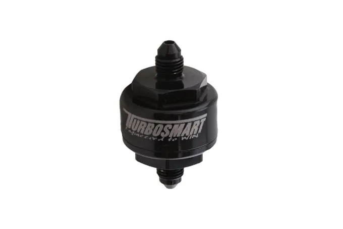TurboSmart USA Turbosmart Billet Turbo Oil Feed Filter with 44 micron pleated disk stainless steel washable screen filter. AN-4 male inlet and outlet - Black