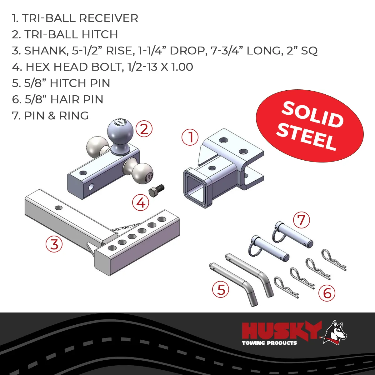 Husky Towing 30001 Fits 2 Recvr 2000-10000-14000 Gross Chr 1-7/8 & 2 & 2-5/16 Adjustable Black product image