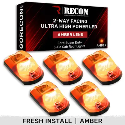 Recon Accessories Ford 17-23 Superduty 5-Piece Set Amber Cab Roof Light Lens With 2-Way Forward Rear Facing Amber Ultra High-Power Leds - Attn This Cab Light Set is For a Fresh Install on a Truck That Did Not Come With OEM Cab Roof Lights no Square Hole Required - on