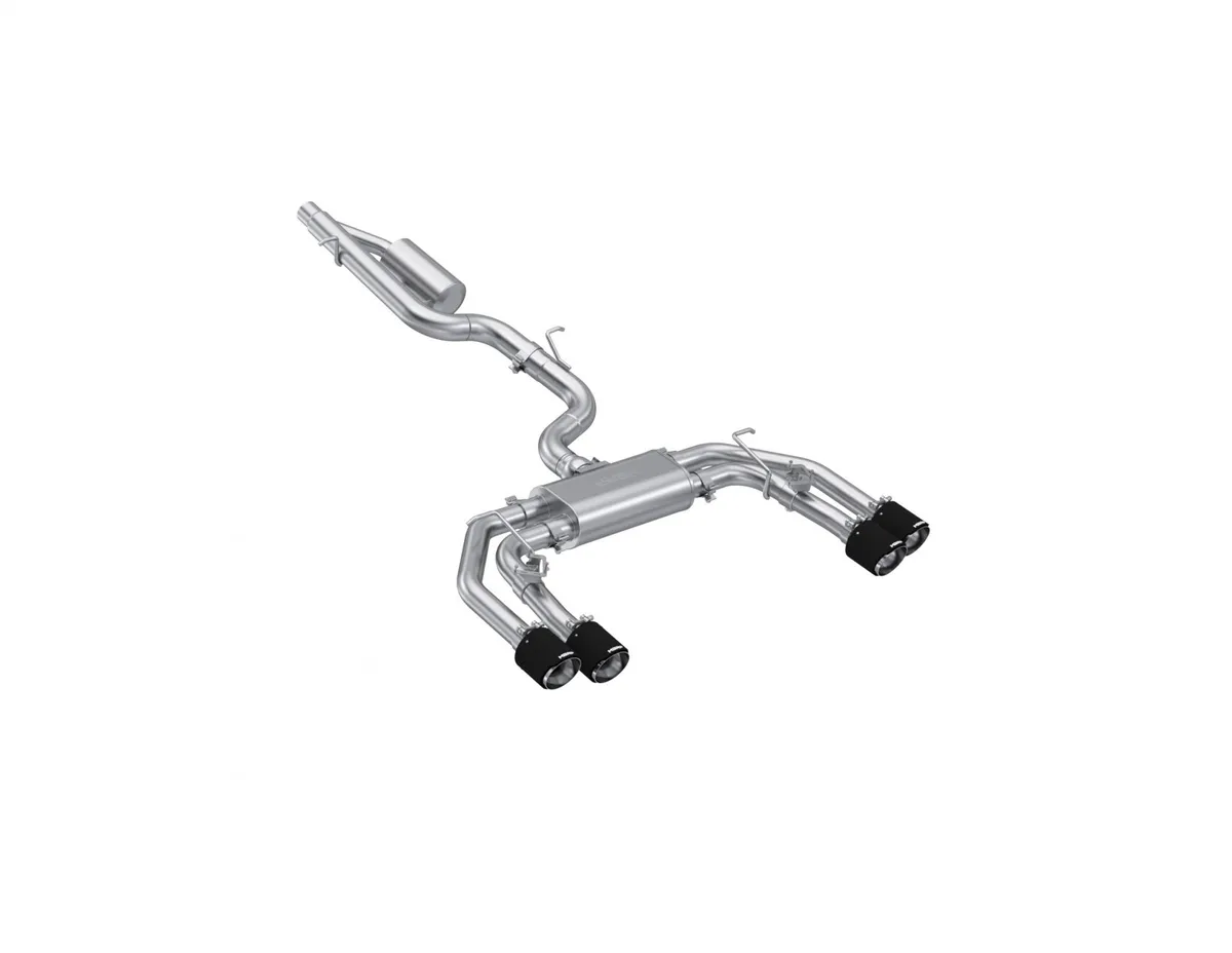 Armor Pro Cat Back Exhaust System; 3 in.; Quad Split Rear Exit; 4.5 in. Carbon Fiber Tips; w/Active Exhaust; T304 Stainless Steel; product image