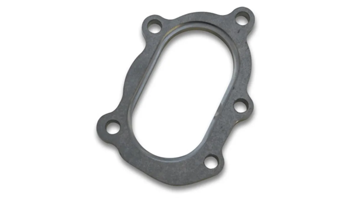 Turbo Outlet Flange; 9MM BHID; 0.5 in. Thickness; 87.52 Port W; 48.9MM Port H; For GT25R/GT28R/GT30R; 304 Stainless Steel; 5 Bolt Turbine; 90mmX50mm Oval Opening; product image