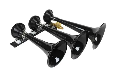 Kleinn Automotive Accessories Black Triple Horn; 15 in. / 13 in. / 11 in. High Impact ABS Trumpets; Zinc Alloy Base;