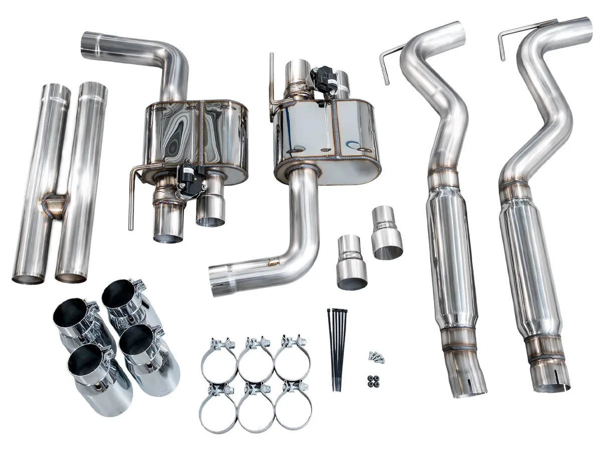 AWE Touring Edition Cat-back Exhaust for the '18-'23 S550 Mustang GT - Quad Chrome Silver Tips product image