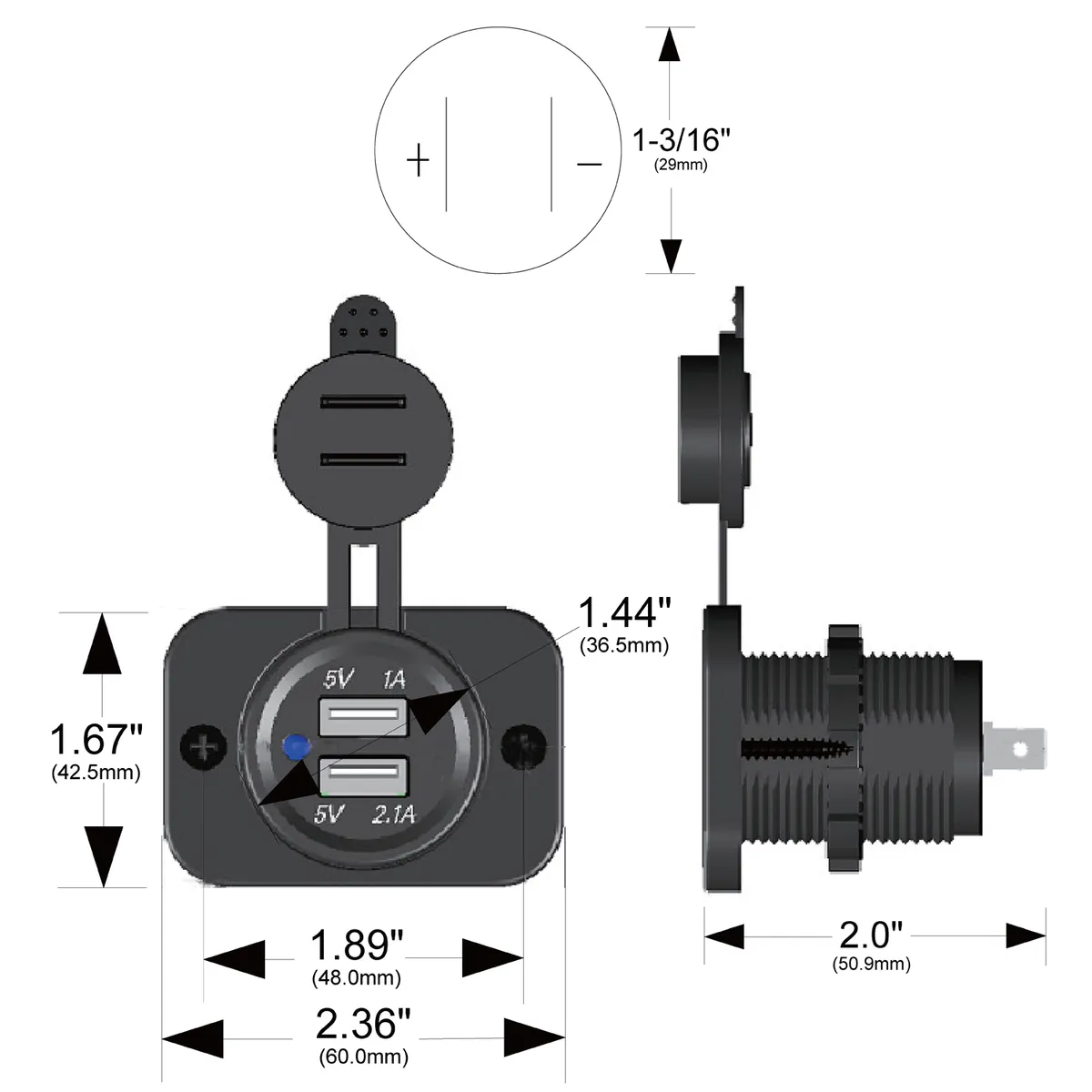 USB Power Socket Dual 5V 1A and 2.1A W/Cover and 3 Mounting Brackets Bulldog Winch product image