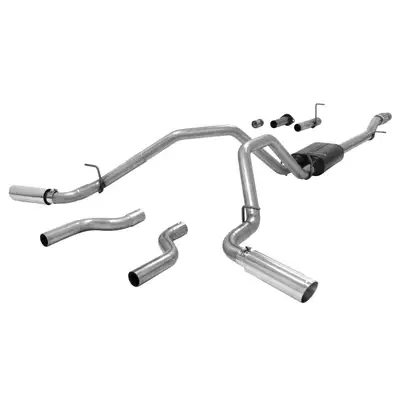 Flowmaster 07-13 GM Silverado/Sierra, 1/2 Ton, 5.3L W/Flex Fuel, 4.8L (07-08 Only), Extra Cab and Crew Cab Only, 2/4 Wheel Drive, Cat-back, 2.50" Tailpipes, Super 40 Series Muffler, 3.50" Logo Embossed Stainless Tips, American Thunder, Includes Extensions for DOR an