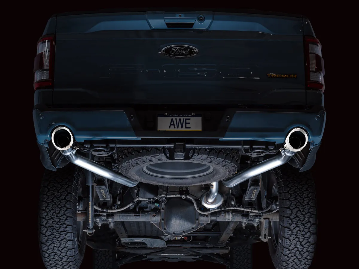 AWE 0FG Resonated Catback for 21 Ford F-150 Tremor (With Bumper Cutouts) - Chrome Silver Tips 3015-32402 product image