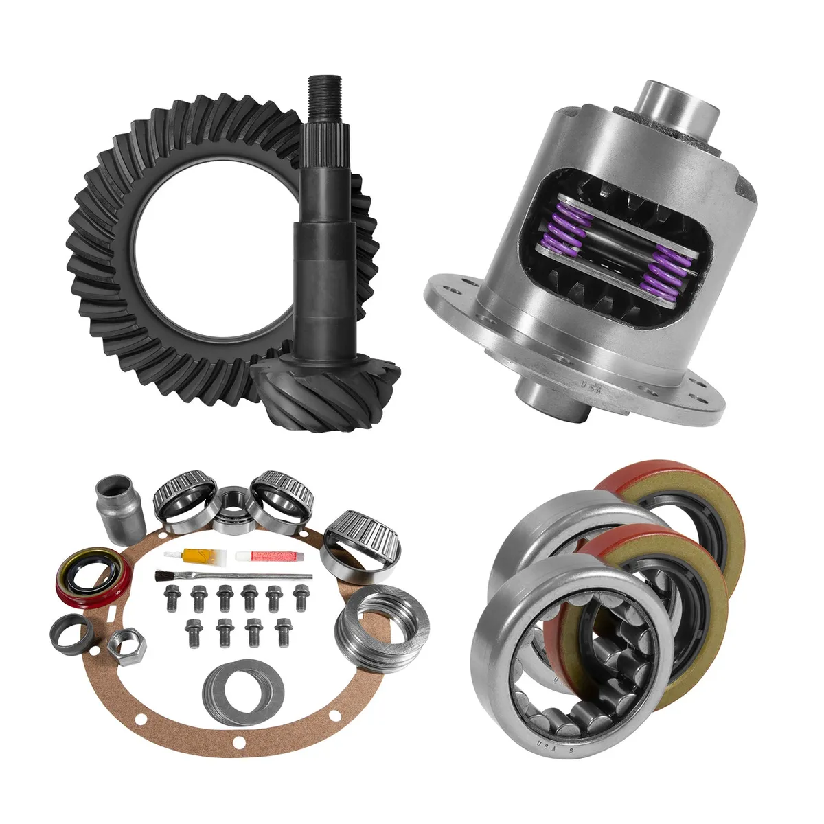 8.2 Inch GM 3.55 Rear Ring & Pinion Install Kit 28 Spline Posi 2.25 Inch Axle Bearings 8.2 GM 3.55 Rear R&P Gear/ Install Kit Package With Posi & Ak 1563 Axle Bearings (2.25 Inch Od) Yukon Gear product image