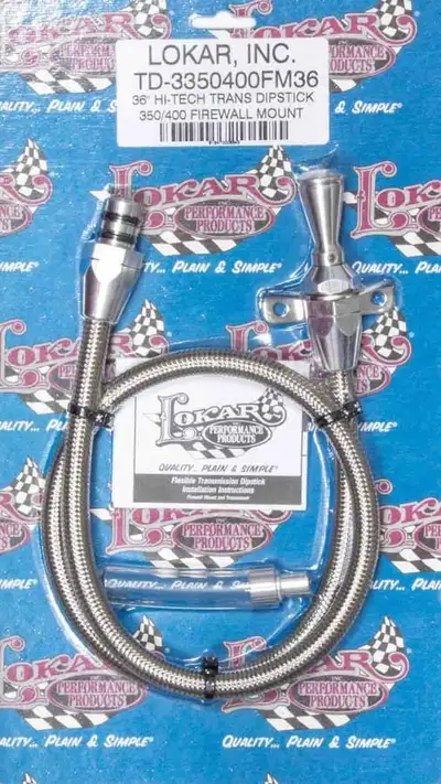 Lokar Hi-Tech Flexible Braided Transmission Dipstick; 36 in.; Firewall Mount; Incl. Flexible Inner Dipstick/Funnel Adapter/Braided Stainless Outer Housing; Stainless Steel Finish;