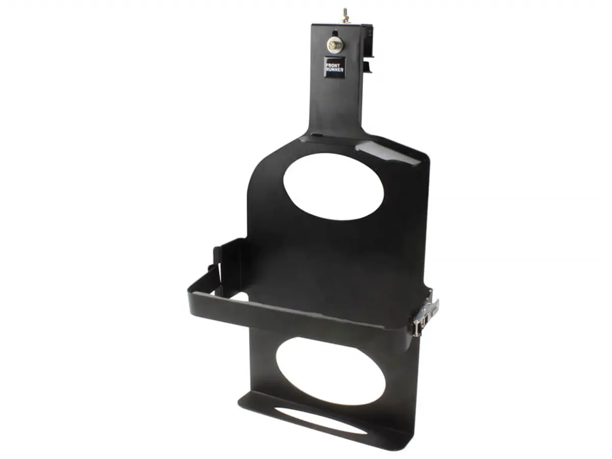 Side Mount Jerry Can Holder; Incl. Installation Hardware; Fitting Instruction; Black Powder-Coated; High Strength Steel; 9.1 in. L x 15.2 in. W x 28 in. H; product image